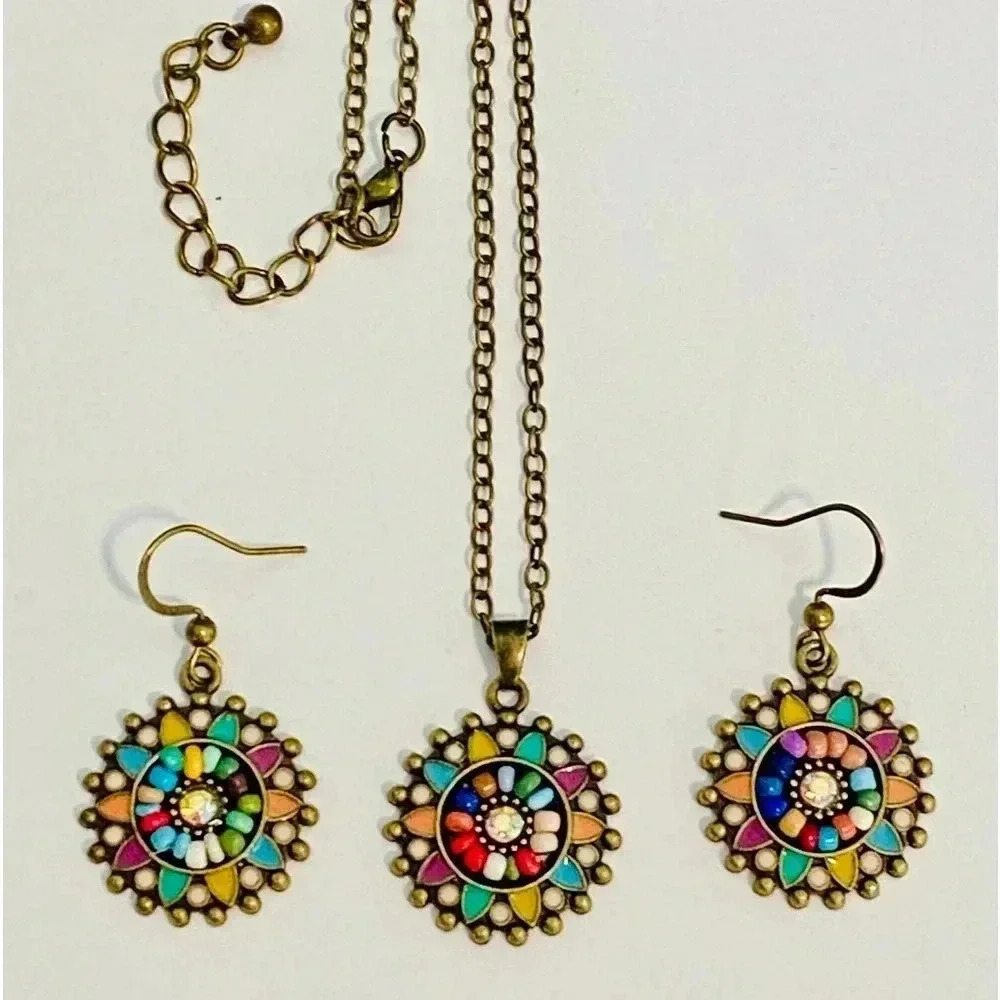 Beautiful Multicolor Mandala Bronze Tone Necklace & Earrings Set NEW